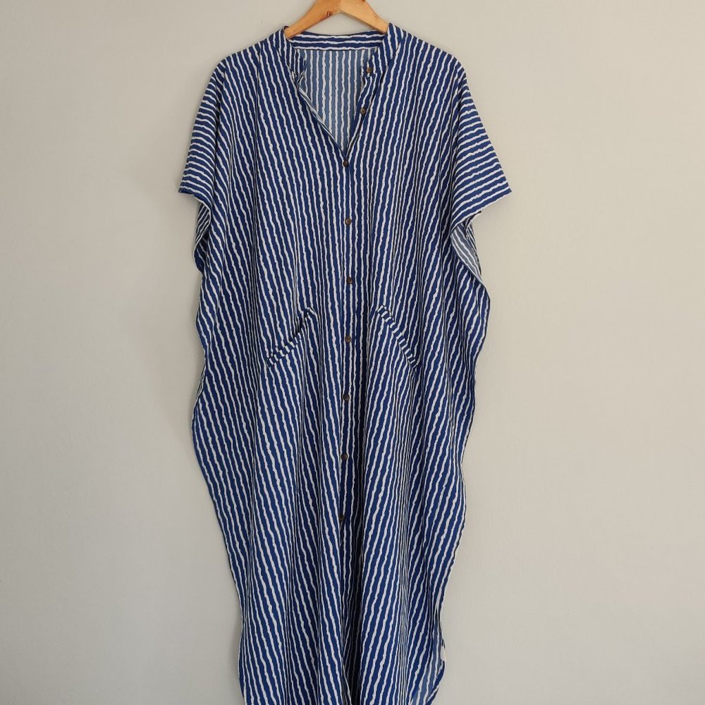 Blue Stripped Beach Cover-up Poncho Style Maxi Dress with Pockets